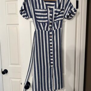 Striped Button-Front Midi Dress in Blue and White